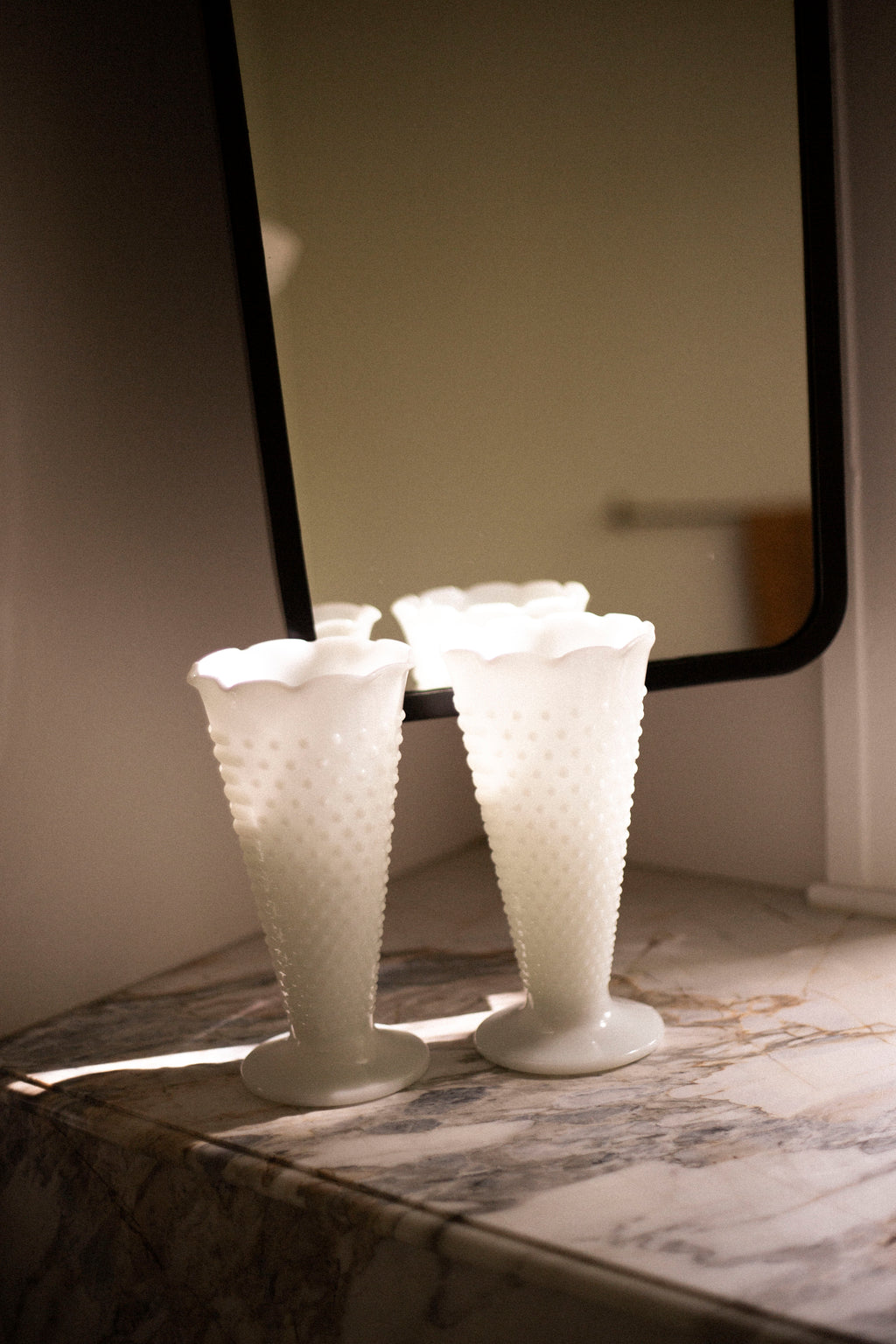 Anchor Hocking Milk Glass Hobnail Vases — Set of 2